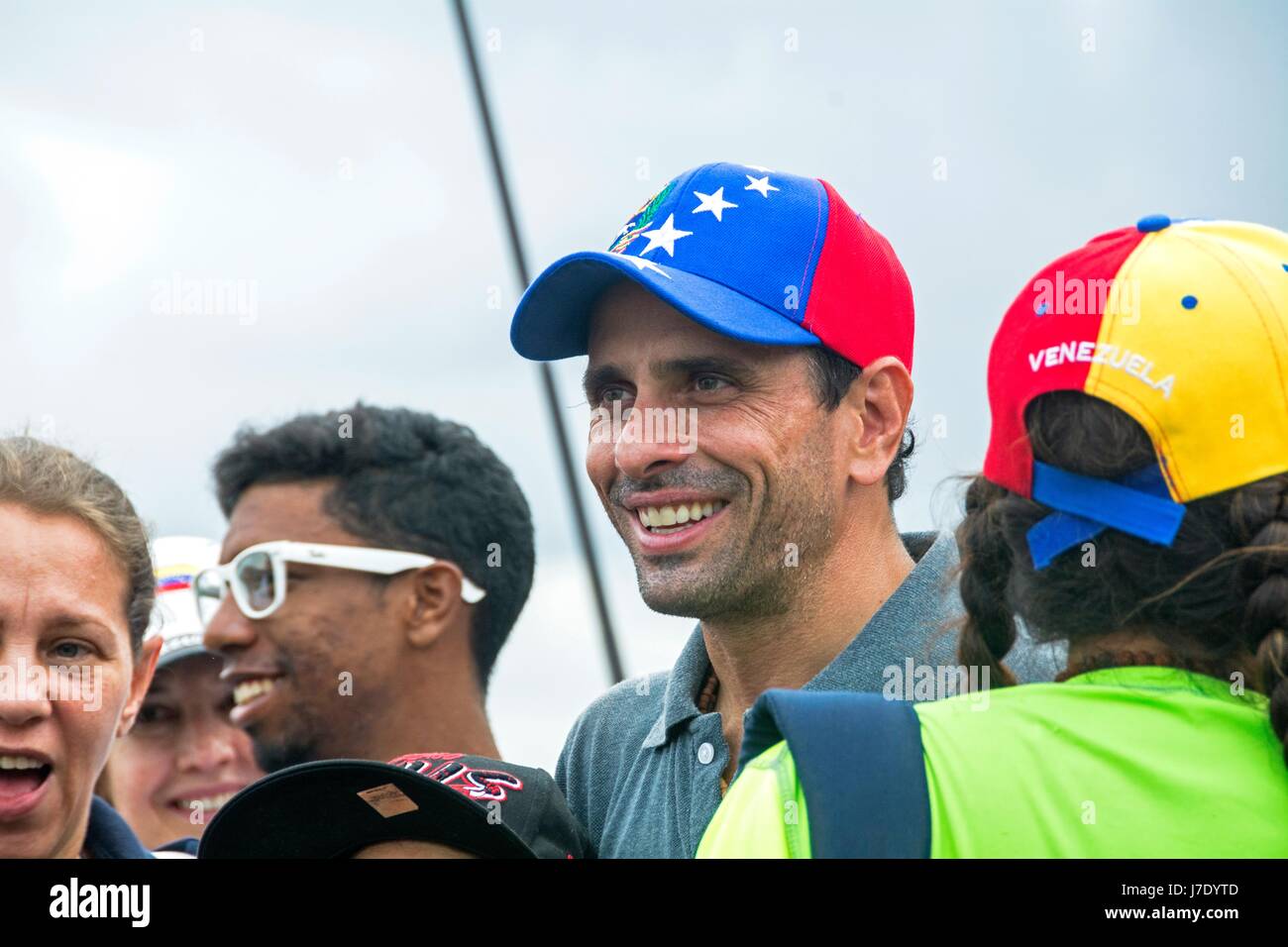 Miranda state governor and political leader Henrique Capriles Radonsky speaks to demonstrators on the freeway. Venezuelan citizens, opposed to the gov Stock Photo