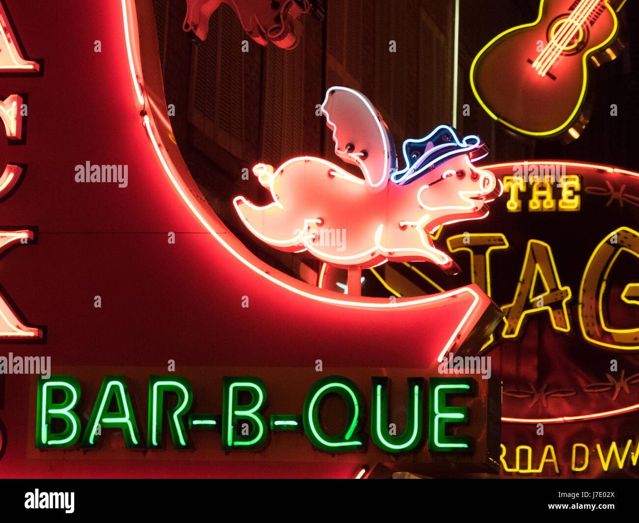 neon signs on music row in Nashville Tennesee, barbeque and bands
