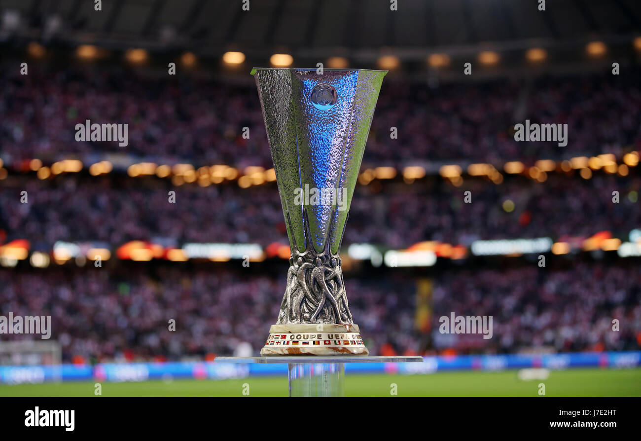 The winner's trophy is seen on a plinth at the side of the pitch News  Photo - Getty Images