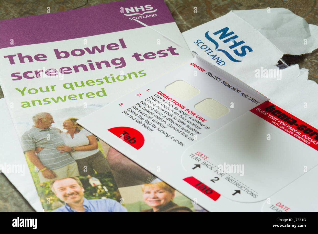 Bowel Screening test kit provided by post to over 50s by the NHS Scotland Stock Photo