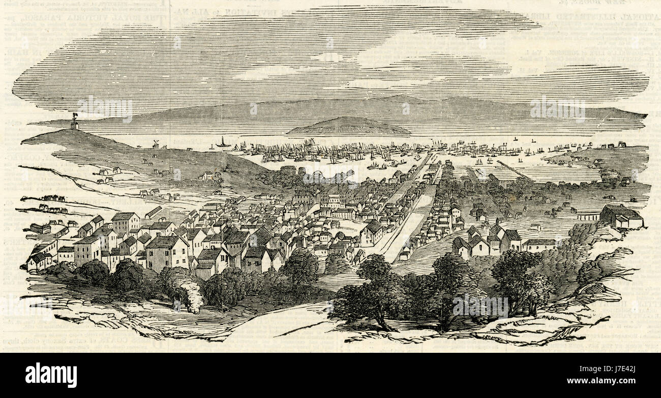 Antique 1851 engraving, San Francisco in 1851 with Yerba Buena Island. SOURCE: ORIGINAL ENGRAVING. Stock Photo
