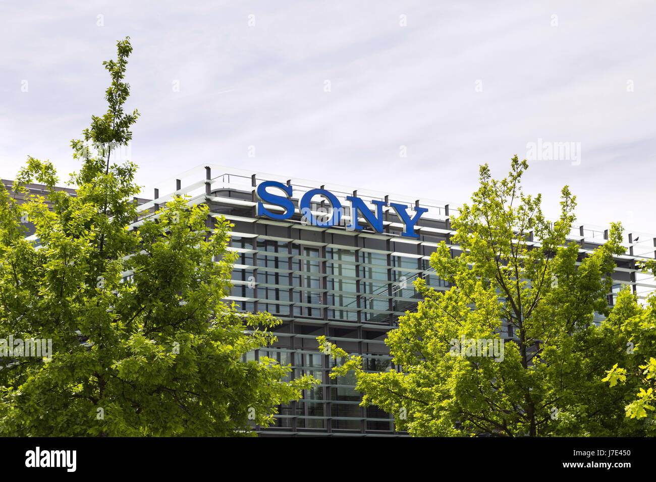 PRAGUE, CZECH REPUBLIC - MAY 22: Sony company logo on headquarters building on May 17, 2017 in Prague, Czech republic. Stock Photo
