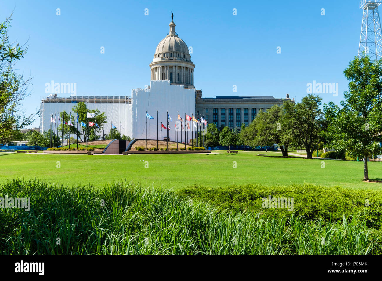 Oklahoma State Capitol built from limestone and marble, is under tarps while renovations are completed in 2022 in Oklahoma City, Oklahoma, USA. Stock Photo
