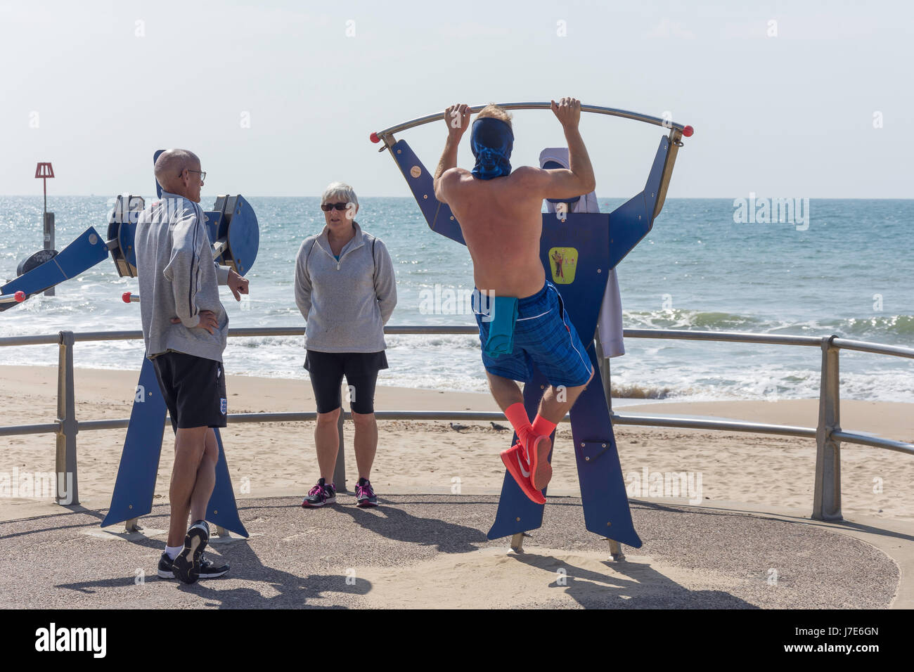 Gym apparatus workout on beach promenade, Boscombe, Bournemouth, Dorset, England, United Kingdom Stock Photo