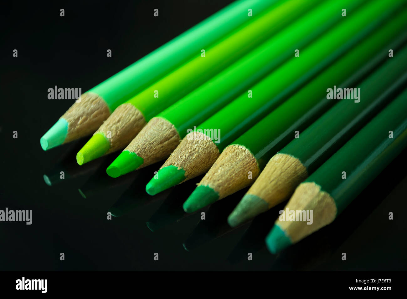 Seven green pencils of various shades and hues, lined up from light to dark on a black reflective surface. Stock Photo