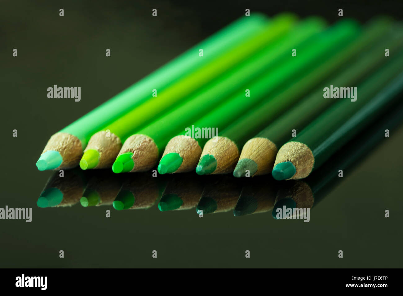 Seven green pencils of various shades and hues, lined up from light to dark on a black reflective surface. Stock Photo
