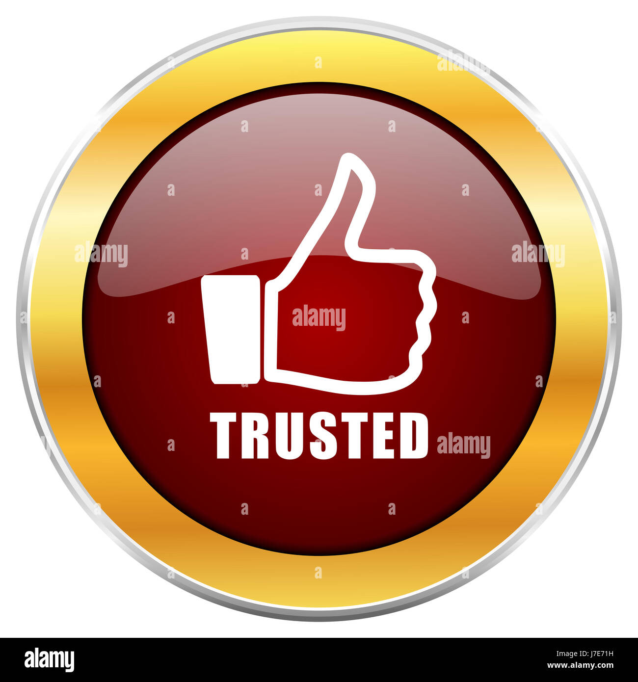 Trusted red web icon with golden border isolated on white background ...