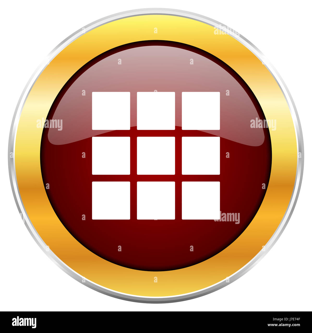 Thumbnails grid red web icon with golden border isolated on white background. Round glossy button. Stock Photo