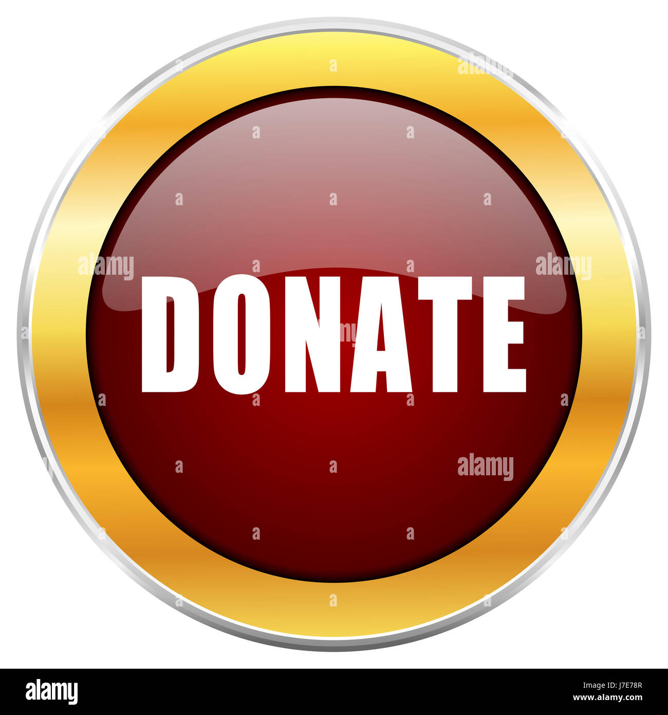 Donate red web icon with golden border isolated on white background. Round glossy button. Stock Photo