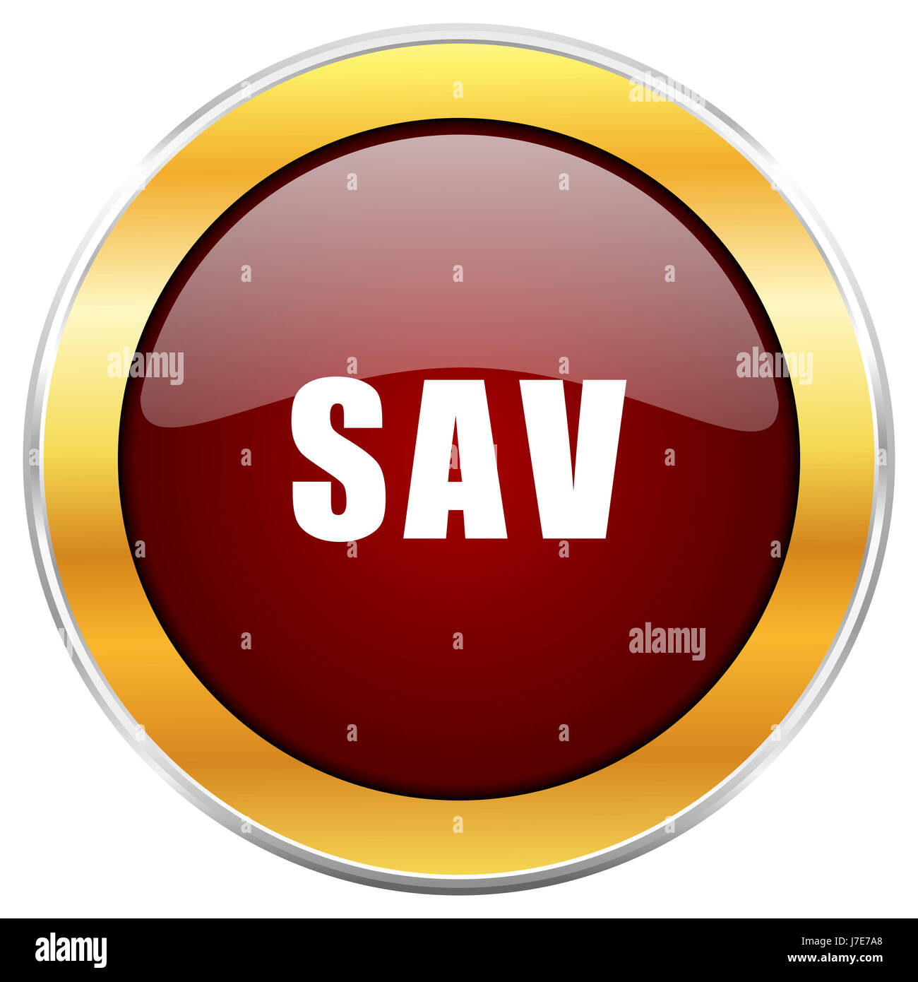 Sav red web icon with golden border isolated on white background. Round glossy button. Stock Photo