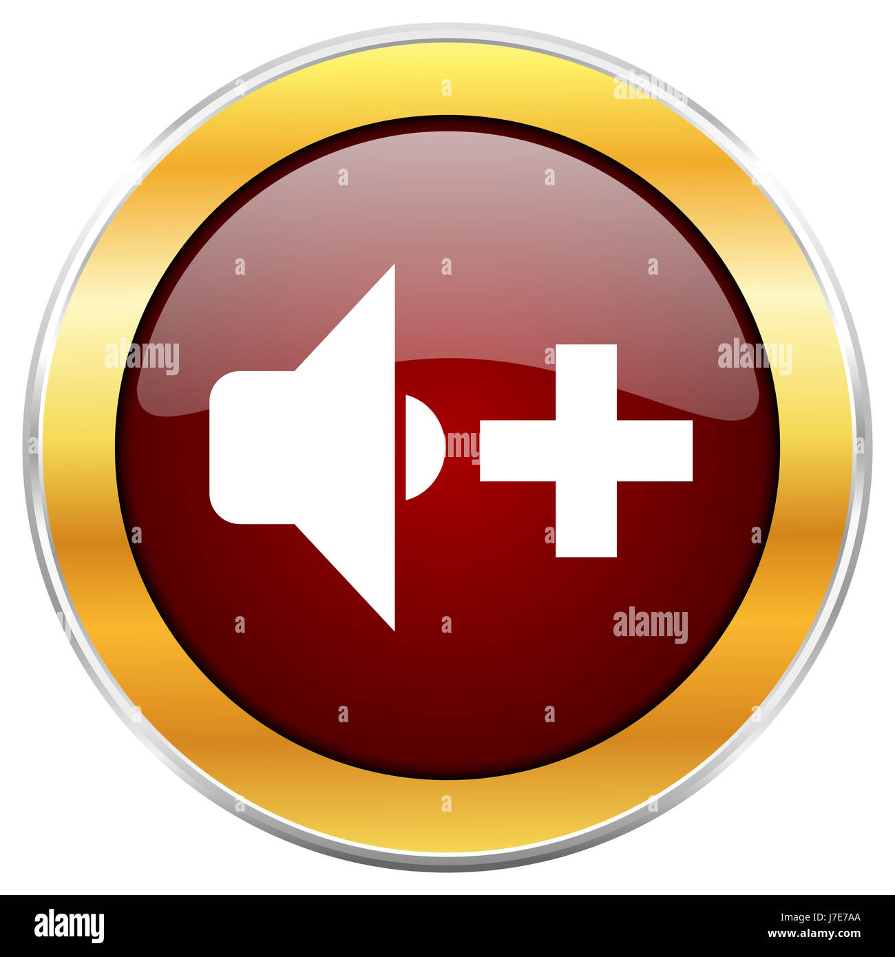 Speaker volume red web icon with golden border isolated on white ...