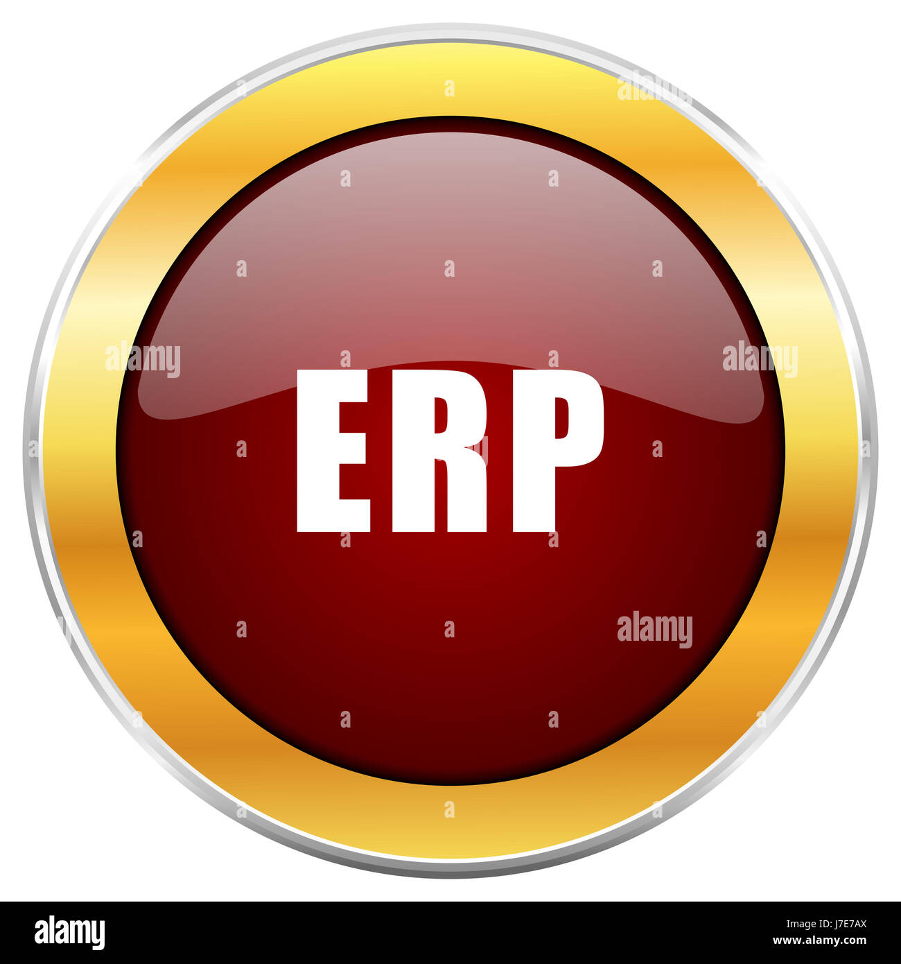 Erp red web icon with golden border isolated on white background. Round glossy button. Stock Photo