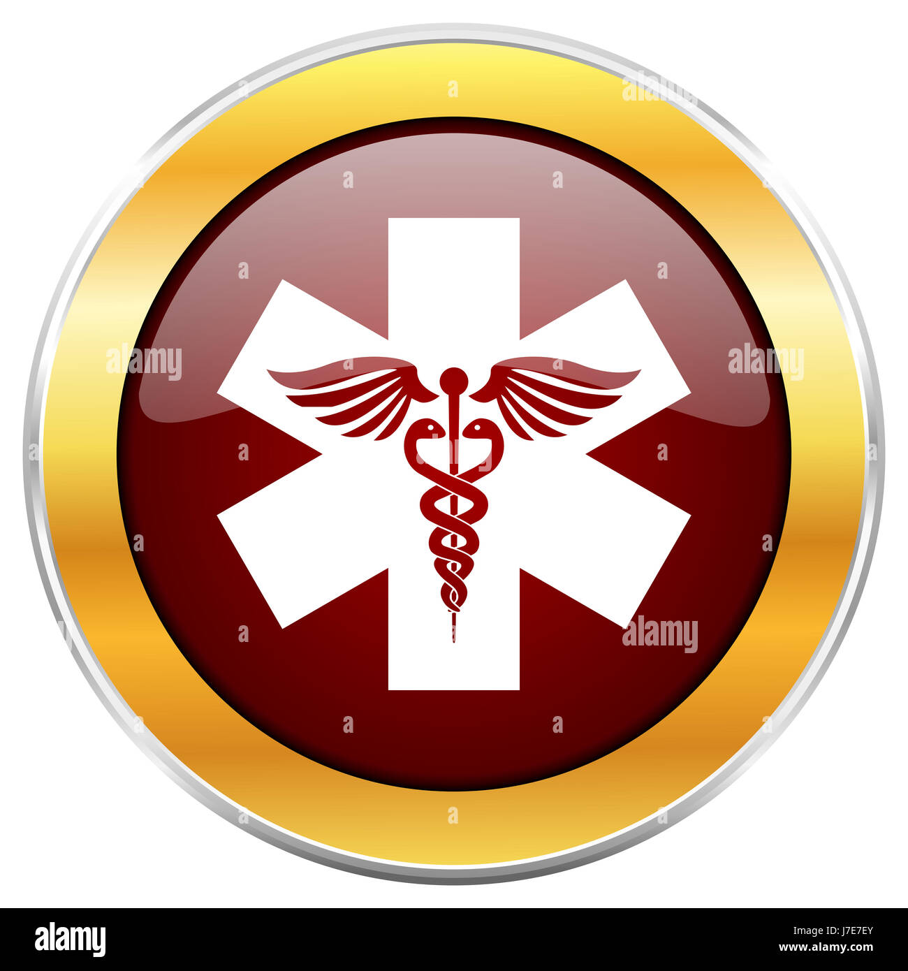 Emergency red web icon with golden border isolated on white background ...