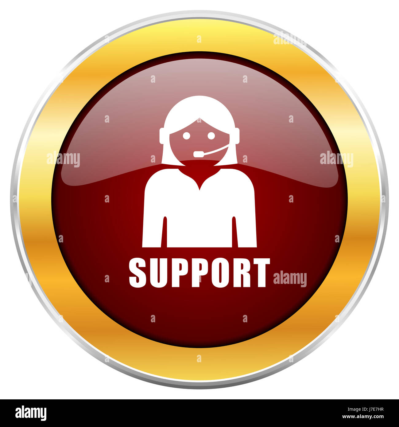 Support red web icon with golden border isolated on white background ...
