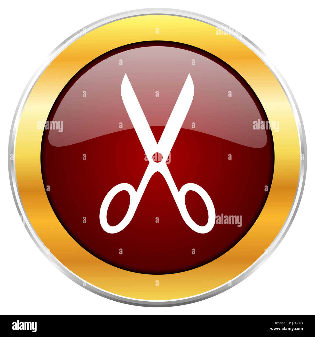 Scissors red web icon with golden border isolated on white background ...