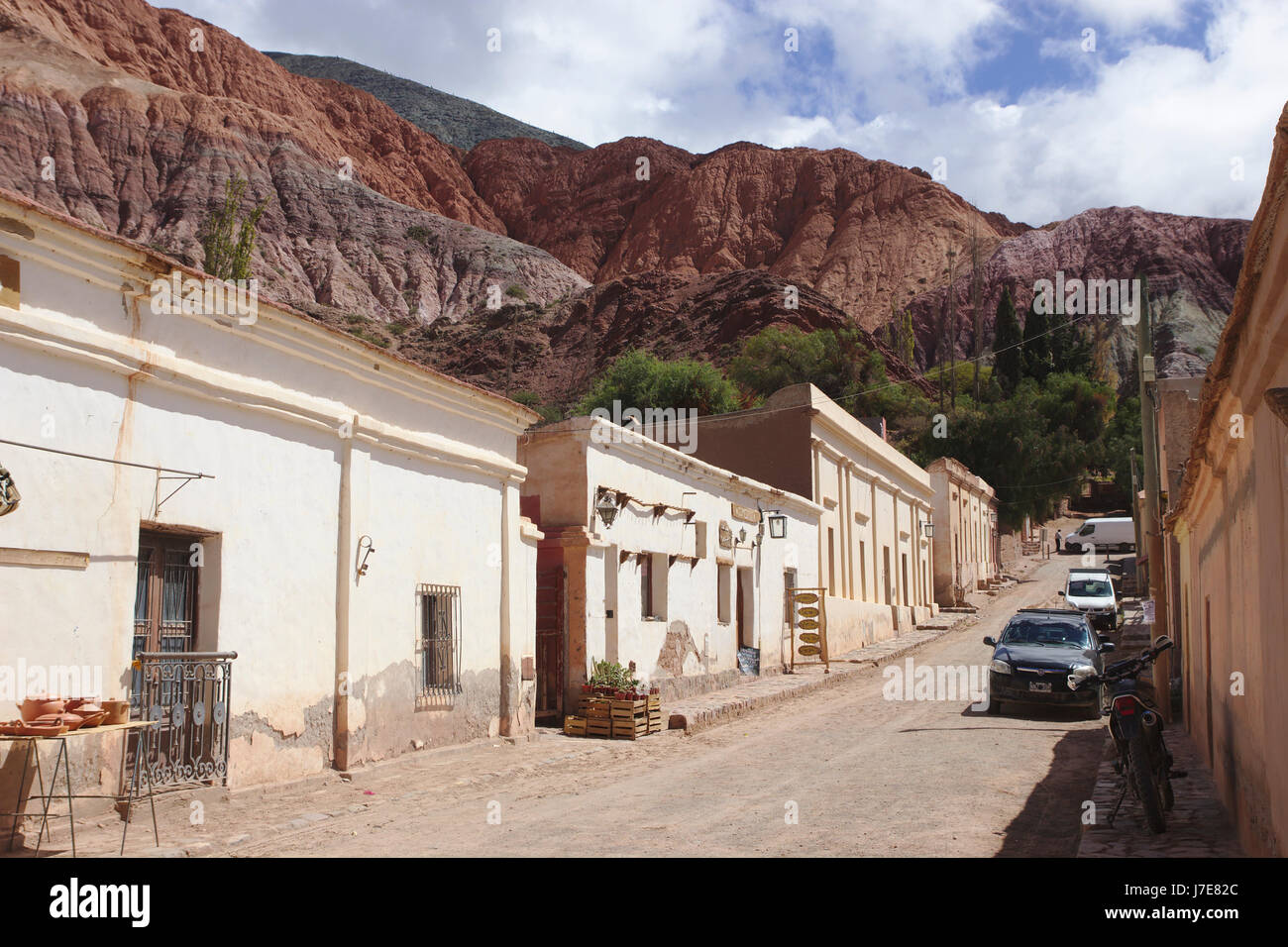 Road in Purmamarca, colonial buildings, Quebrada de Humahuaca, Argentina Stock Photo