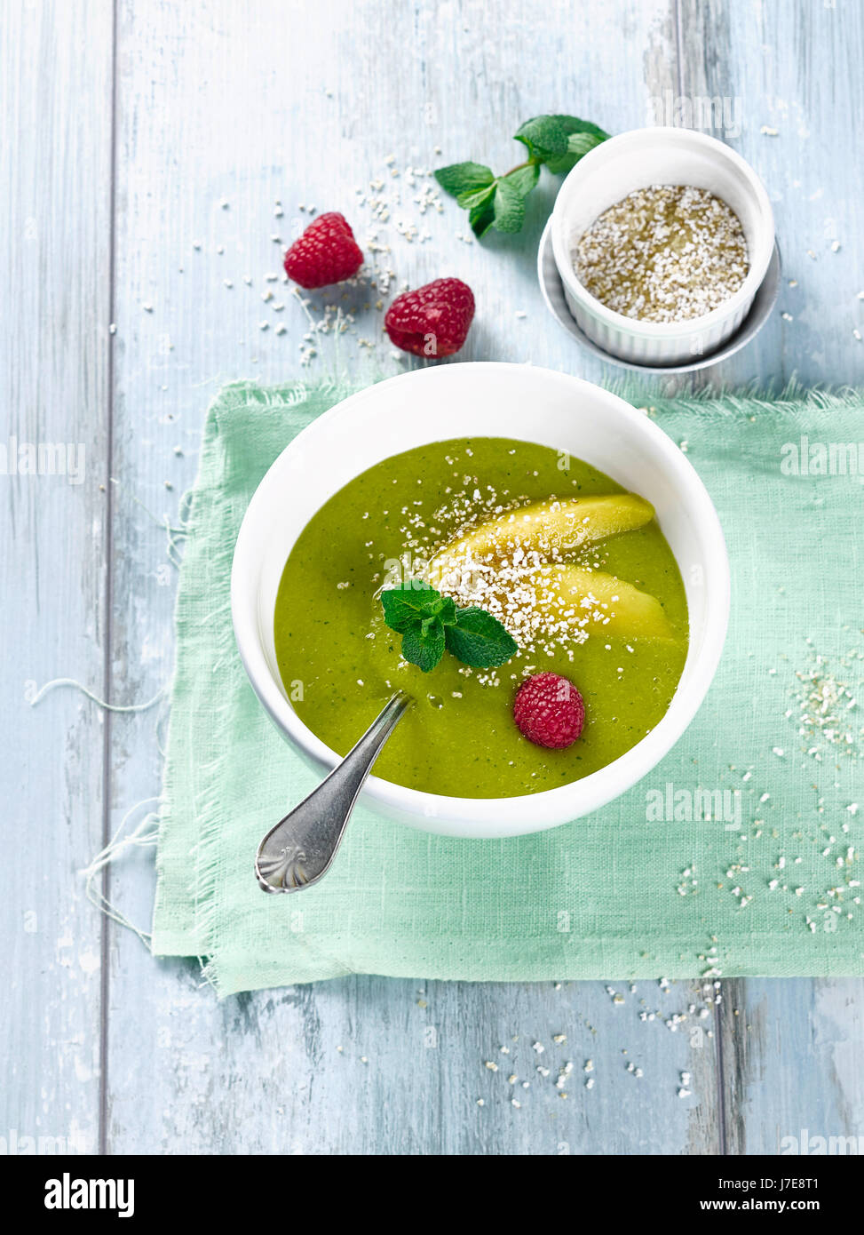 Cucumber smoothie bowl with mango Stock Photo