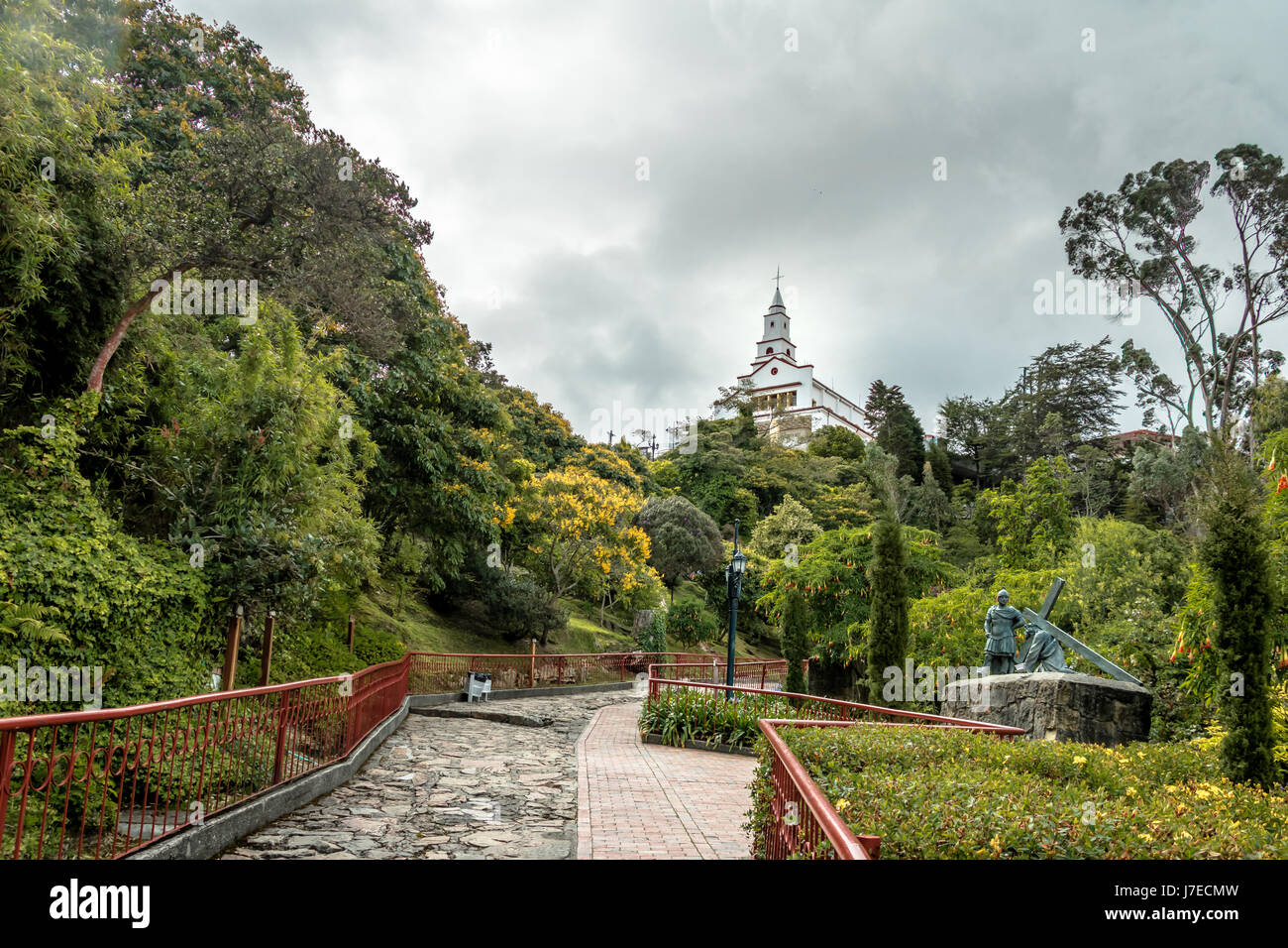 Walkway on top of Monserrate Hill with Monserrate Church on background - Bogota, Colombia Stock Photo