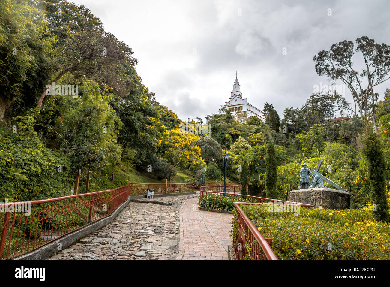 Walkway on top of Monserrate Hill with Monserrate Church on background - Bogota, Colombia Stock Photo