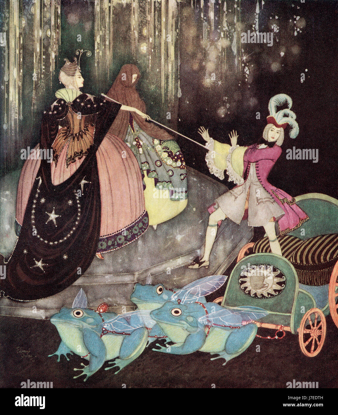 ' The Prince took a carriage drawn by three great frogs with great big wings. Truitonne came out mysteriously by a little door'.   Illustration from the French fairytale The Blue Bird.  From Edmund Dulac's Fairy-Book: Fairy Tales of the Allied Nations, published 1916. Stock Photo