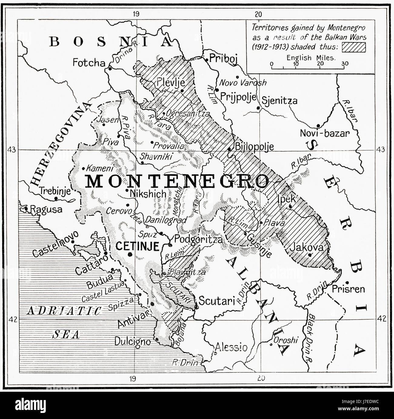 Map of Montenegro at the outbreak of WWI.  From Hutchinson's History of the Nations, published 1915. Stock Photo