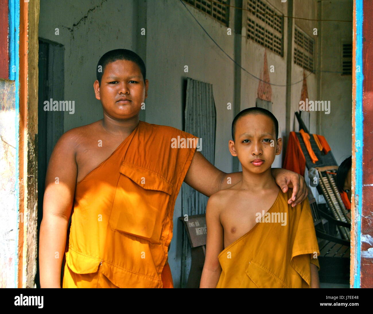 Young Cambodian monks, Mekong Delta, Vietnam Stock Photo