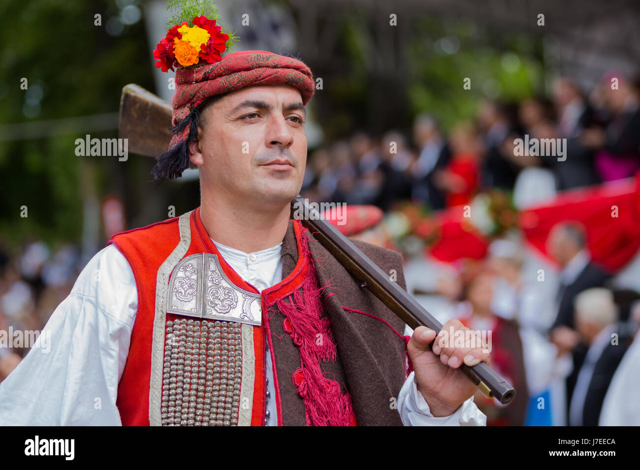 Alkar's squire marchin to the beat of drum during Alka tournament in town Sinj, Croatia Stock Photo