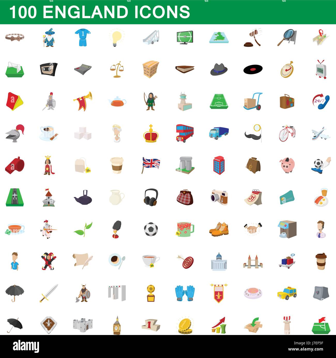 100 england icons set, cartoon style Stock Vector