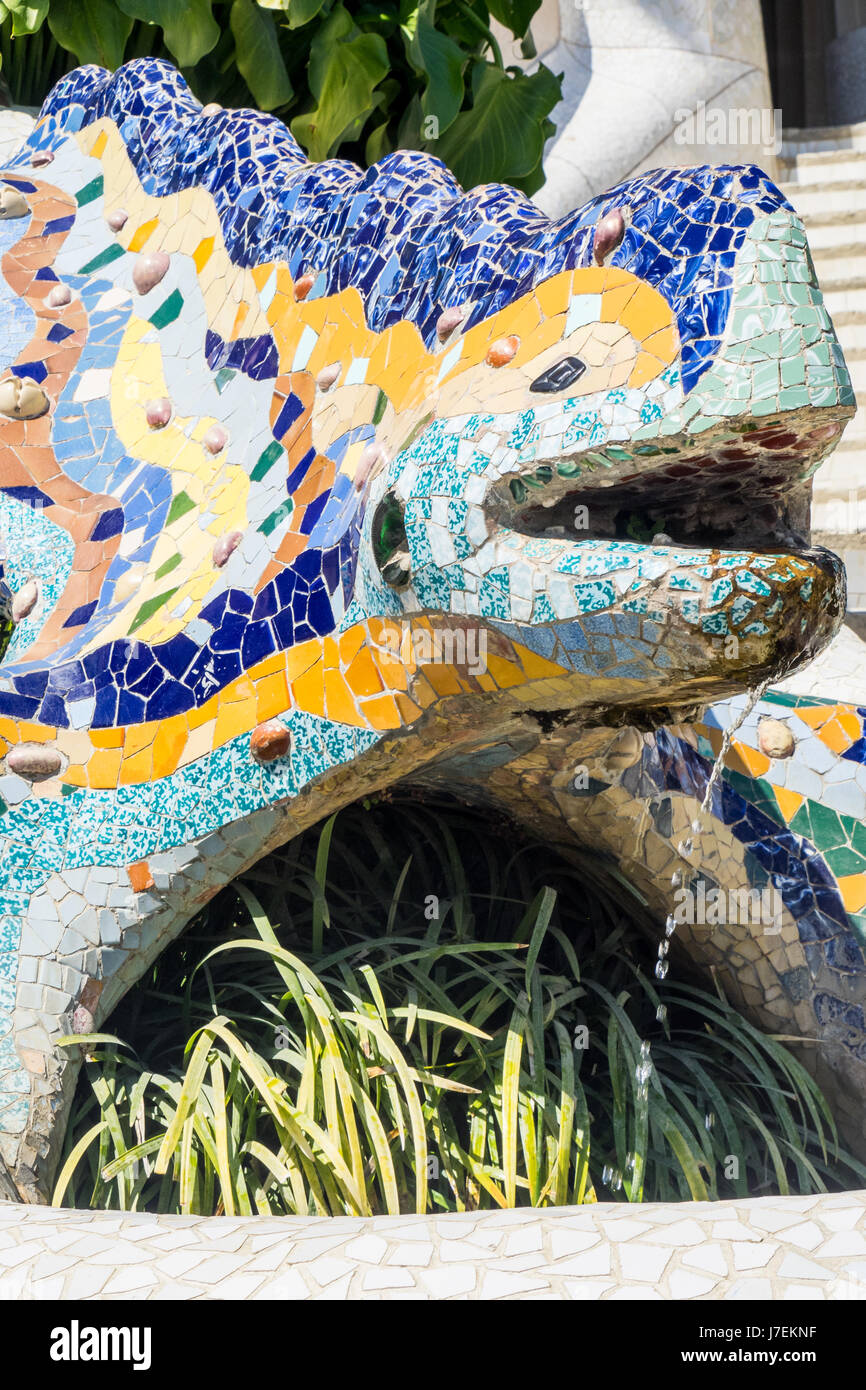 A mosaic tiled salamander, El Drac, in Antoni Gaudi's Park Güell, Barcelona, Spain Stock Photo