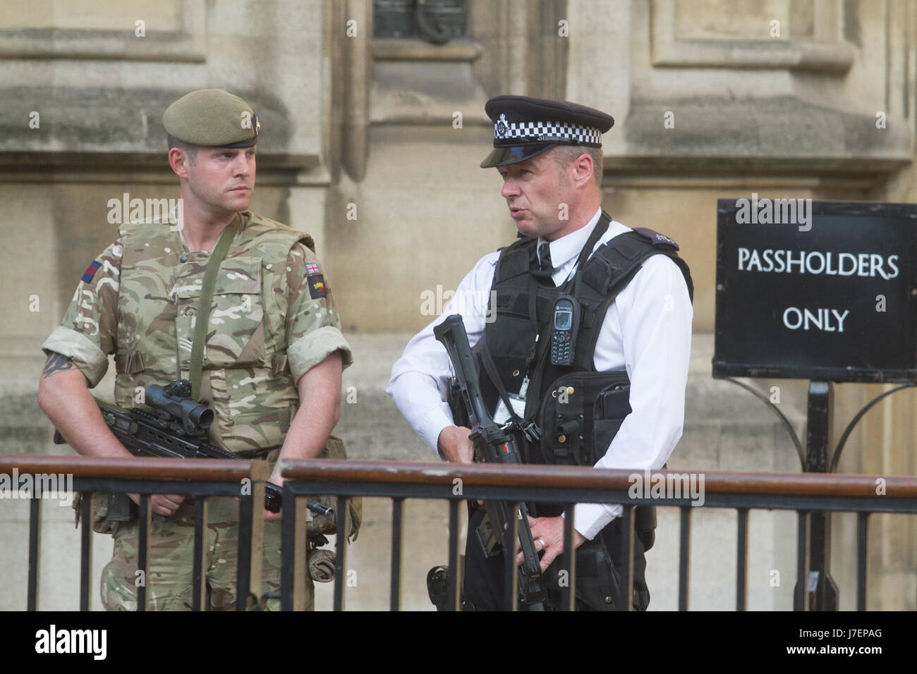 London UK. 24th May 2017. British Army soldiers are deployed   as part of Operation Tempora to guard Houses of Parliament and key sites  in London after the Terror threat level was raised to critical following the Manchester terror attacks Credit: amer ghazzal/Alamy Live News Stock Photo