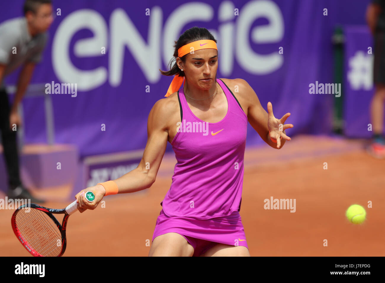 Strasbourg, France. 24th May, 2017. French tennis player Caroline Garcia is  in action during her match in the 1/8 final round of the WTA tennis  Internationaux of Strasbourg vs Polish player Magda