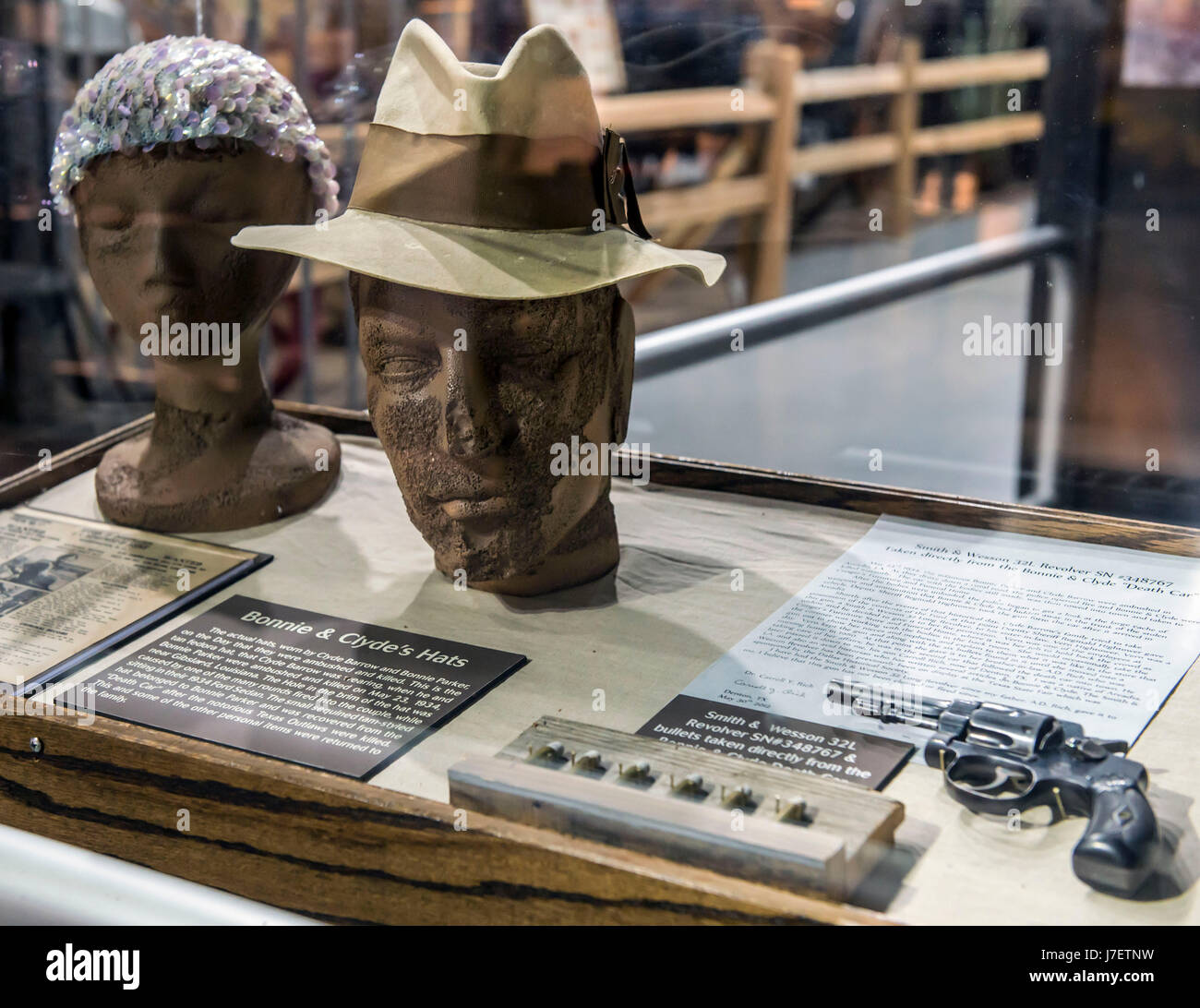 Roscoe, Illinois, USA. 24th May, 2017. The hats worn by famed outlaws Bonnie Parker and Clyde Barrow on the day they were ambushed and killed on May 23, 1934 are displayed at the Historic Auto Attractions Museum. The museum's holdings include the world's largest collection of presidential and world leaders' automobiles, and 36,000 square feet worth of displays of cultural artifacts and historical oddities from the 20th Century. Credit: Brian Cahn/ZUMA Wire/Alamy Live News Stock Photo