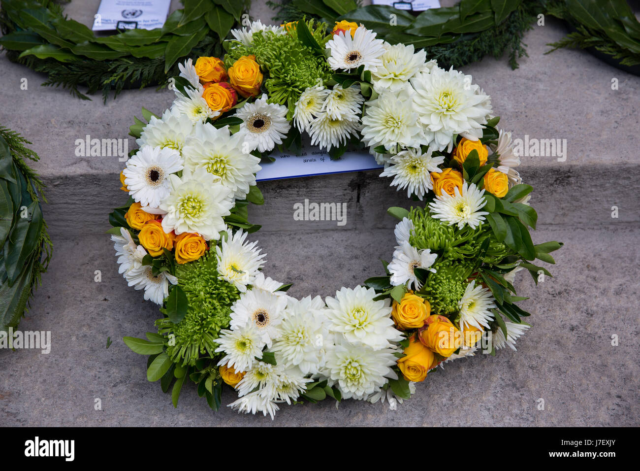 London, UK. 24th May, 2017. Wreaths left by representatives from diplomatic missions across the world and children during a memorial service at the Cenotaph in Whitehall on the International Day of UN Peacekeepers in remembrance of those who have lost their lives in the service of peace since UN peace operations began in 1948. Credit: Mark Kerrison/Alamy Live News Stock Photo