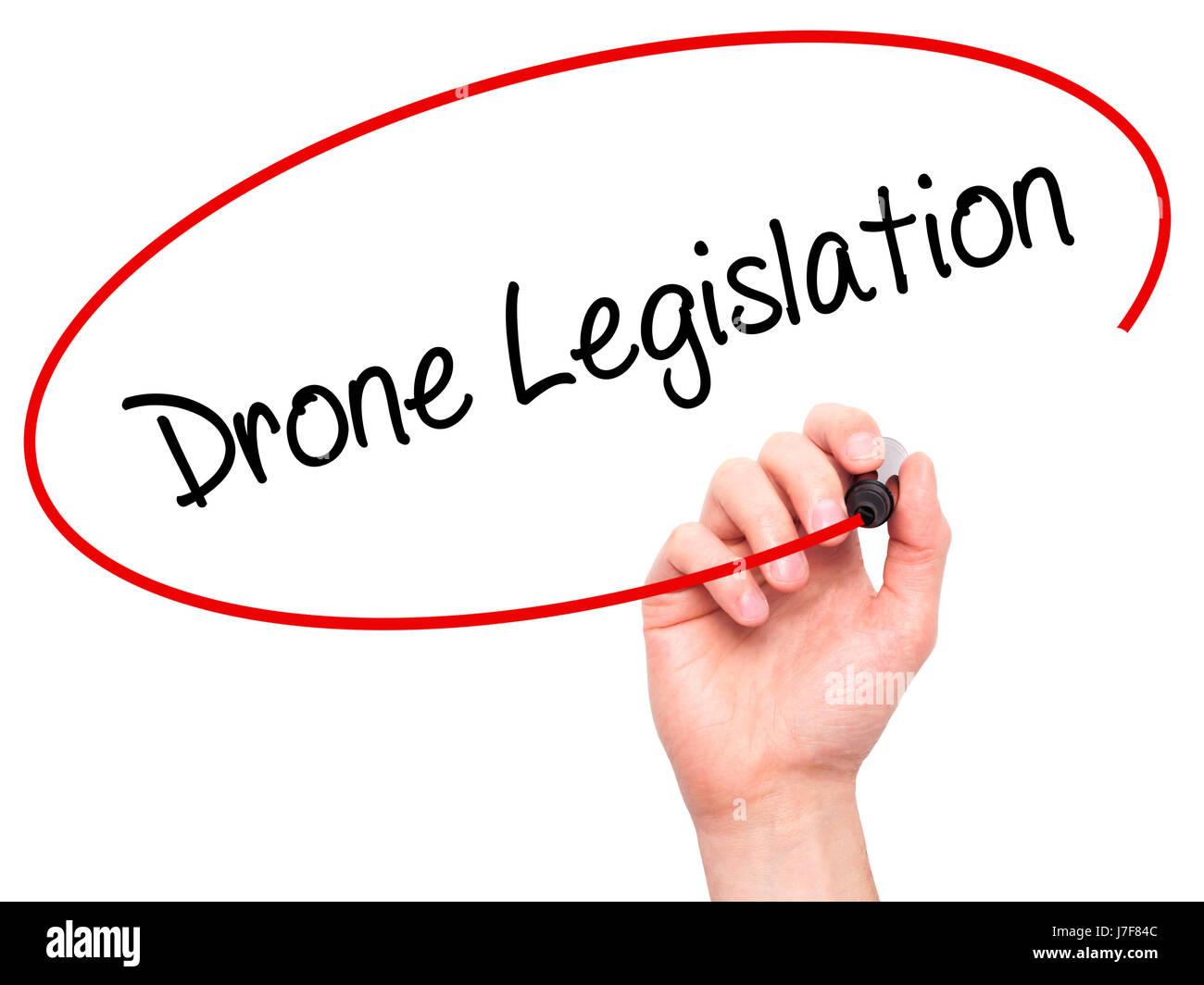 Man Hand writing Drone Legislation with black marker on visual screen ...