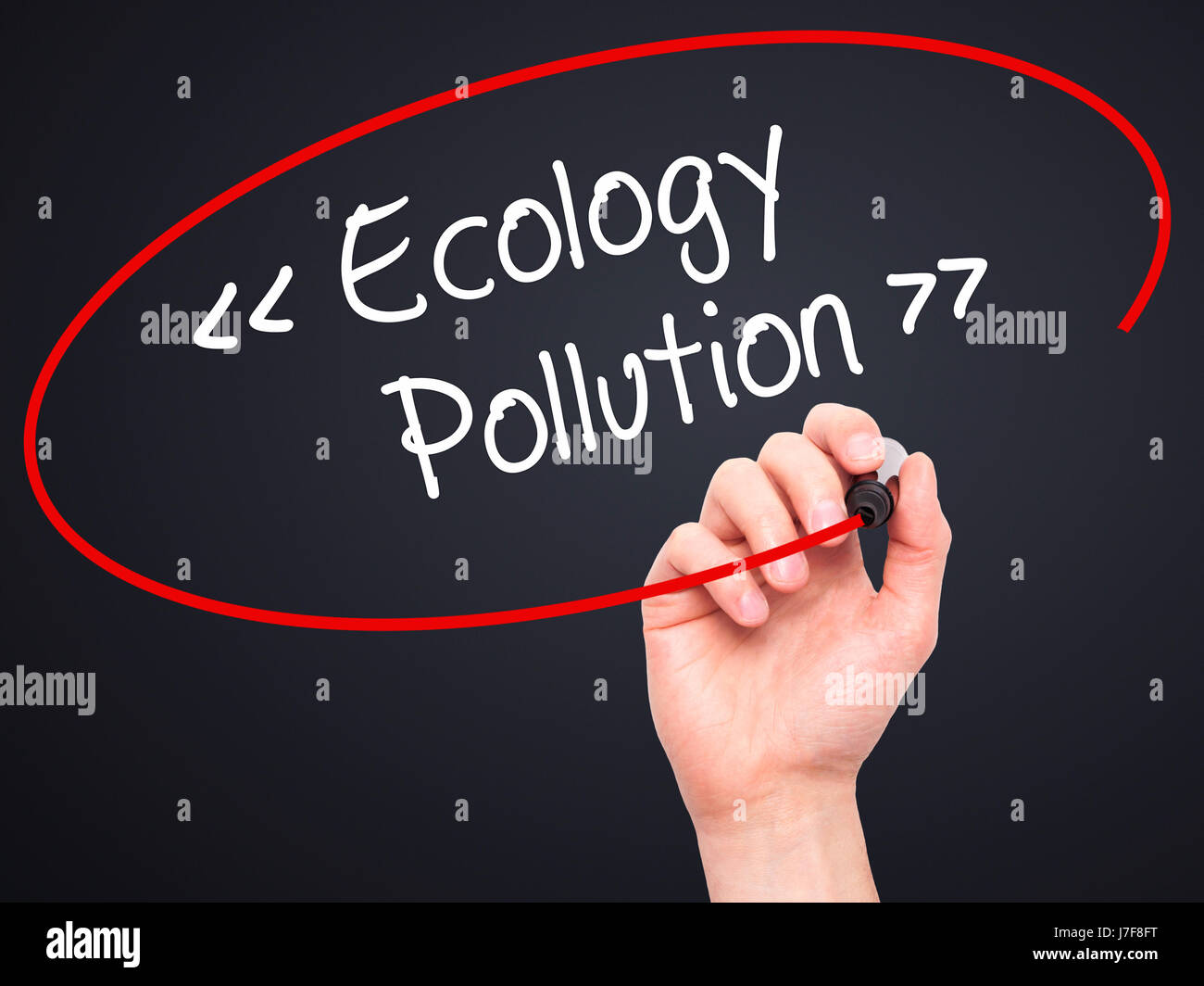 Man Hand writing Ecology - Pollution with black marker on visual screen ...