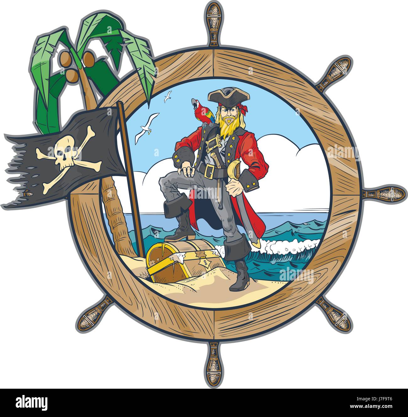 Vector cartoon clip art illustration of a pirate in a ship’s steering wheel design with a flag, palm tree, parrot, seagulls, and a treasure chest on t Stock Vector