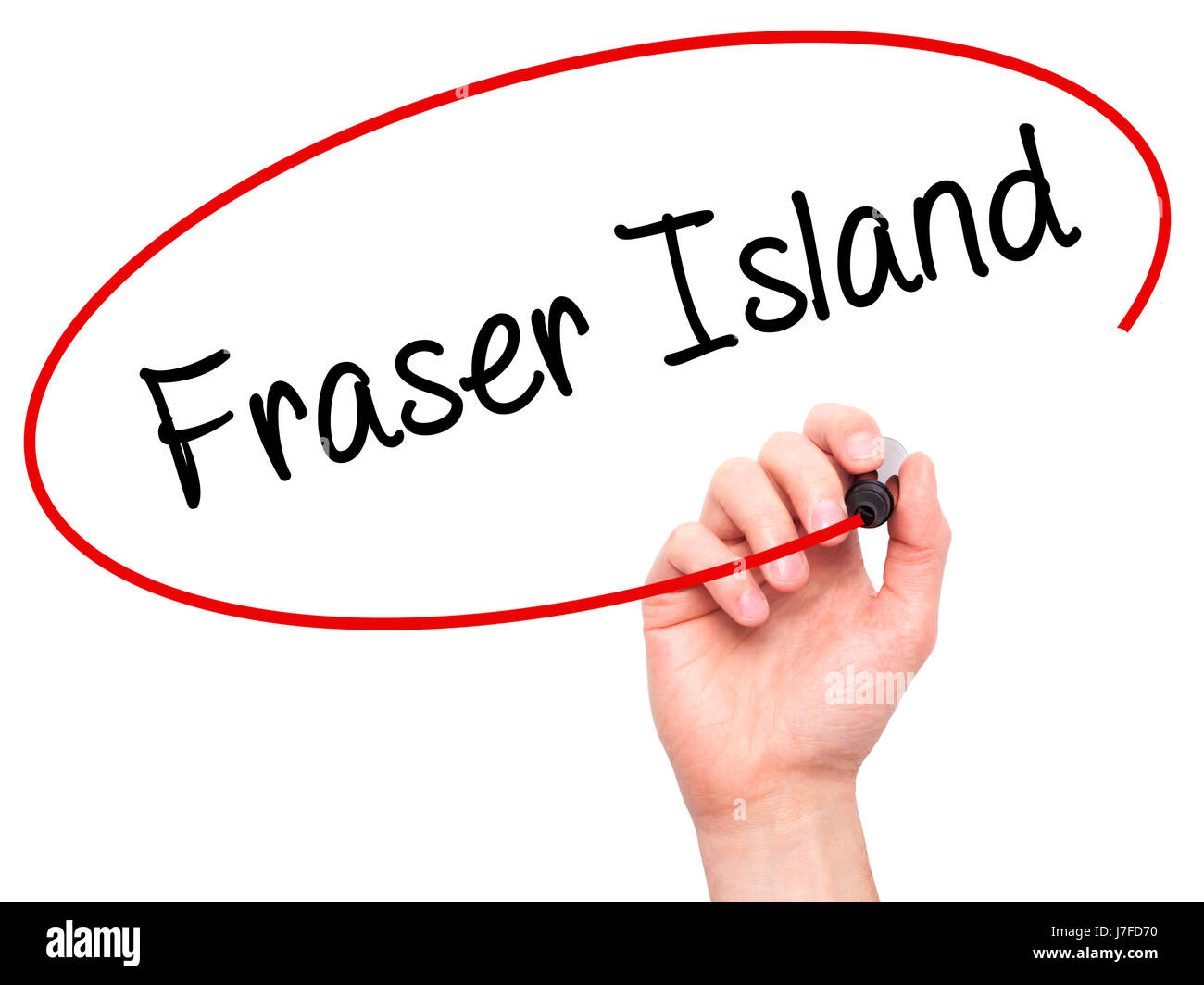 Man Hand writing Fraser Island with black marker on visual screen. Isolated on background. Business, technology, internet concept. Stock  Photo Stock Photo