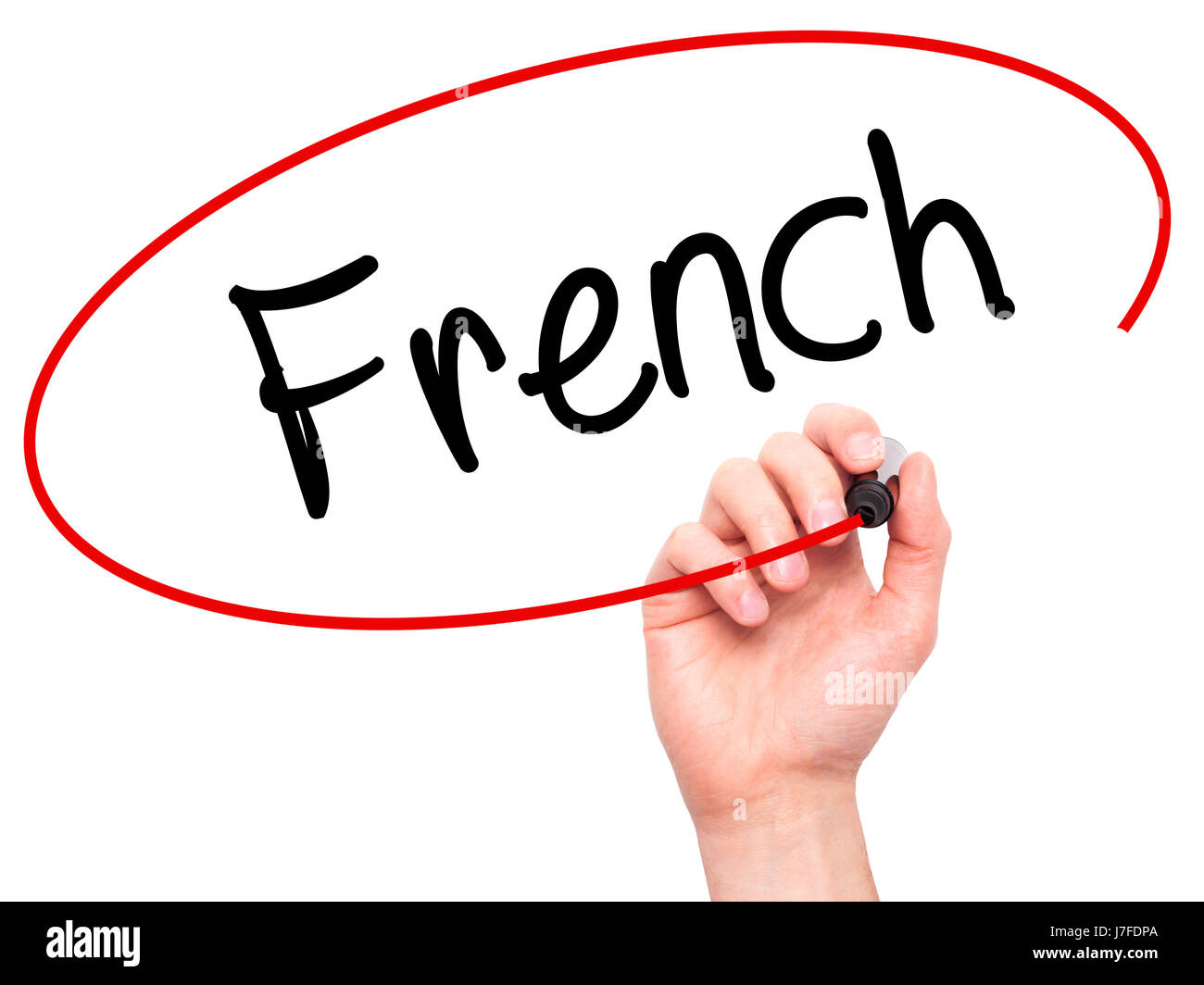 Man Hand writing French with black marker on visual screen. Isolated on