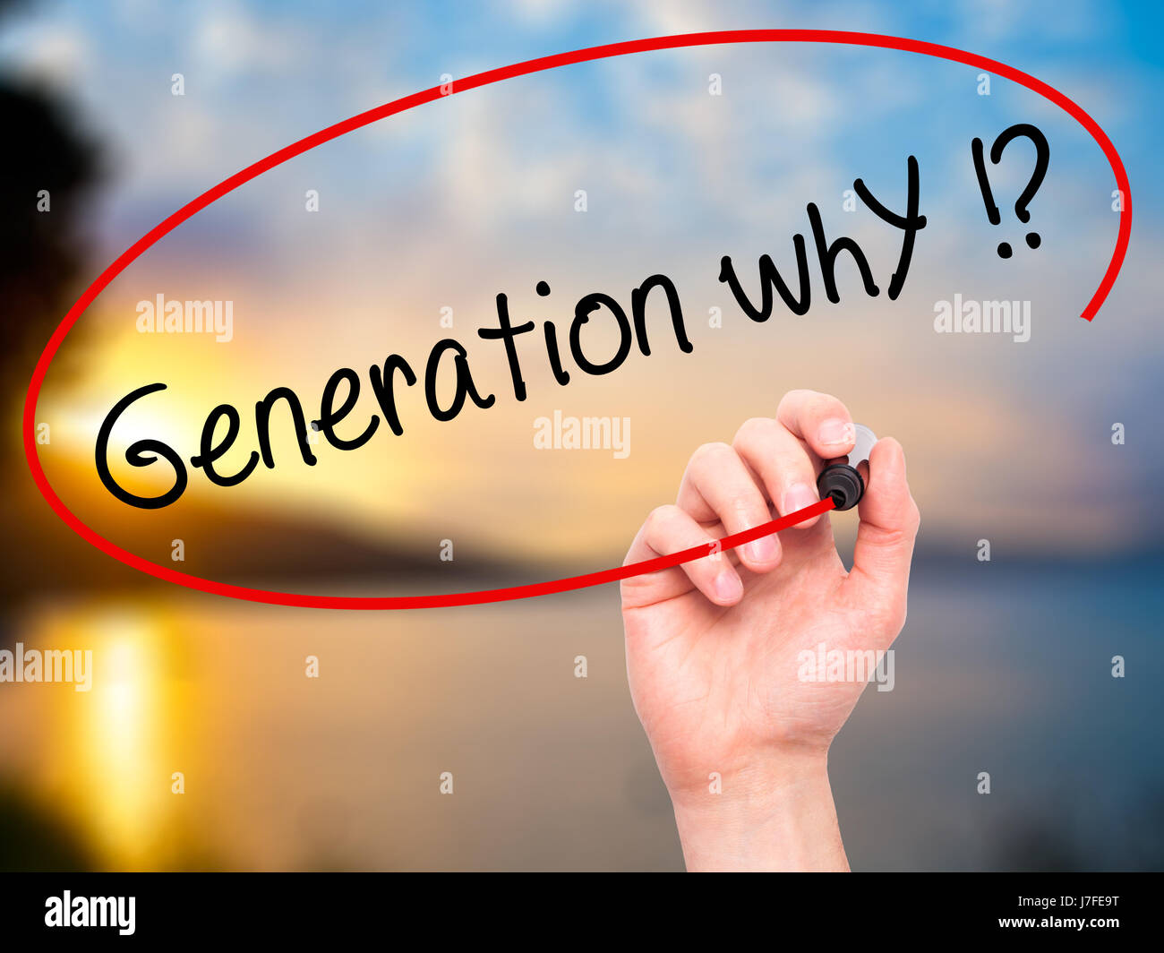 Writting Gen Man Hand writing Generation whY !? with black marker on visual screen ...