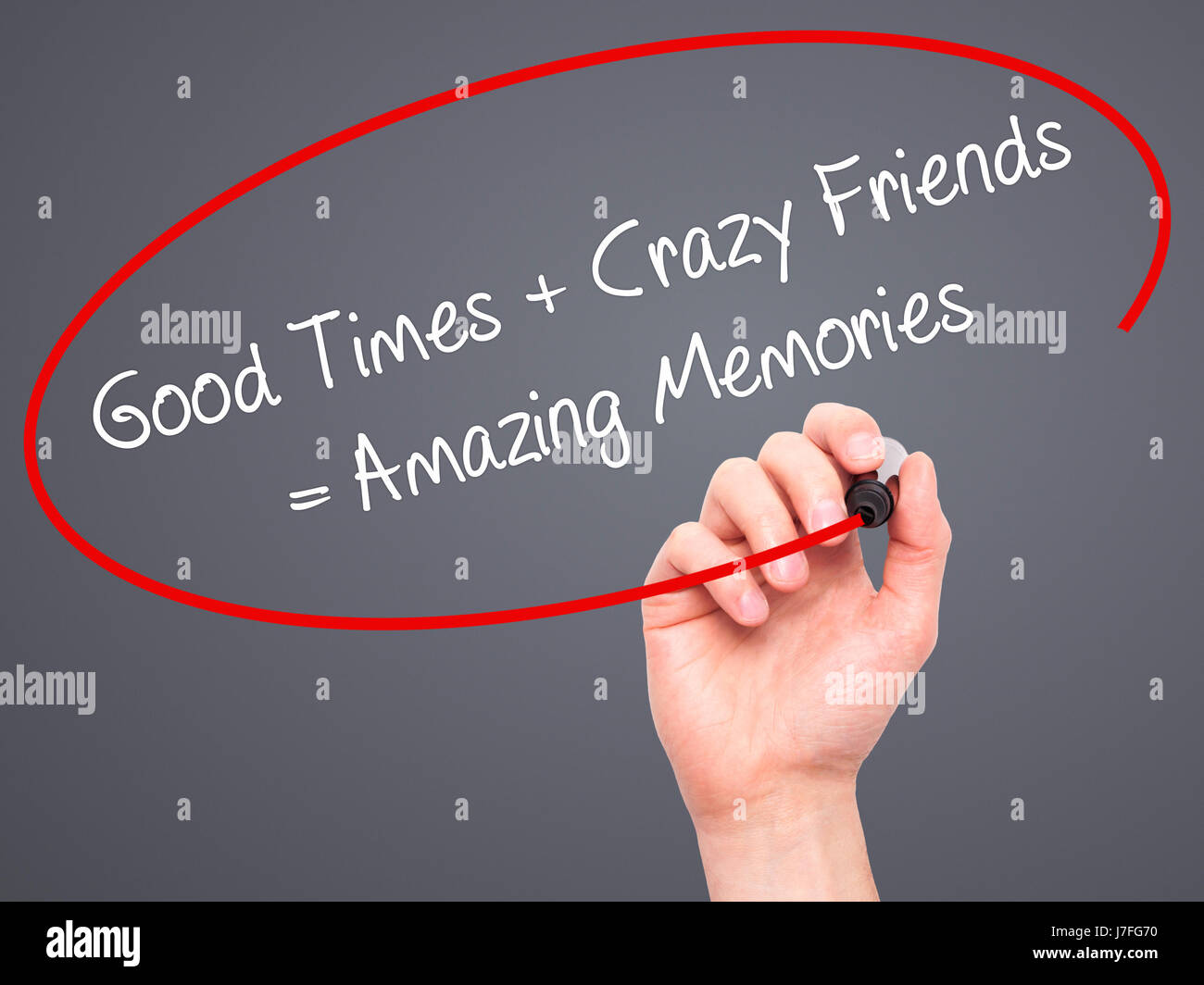 Man Hand writing Good Times + Crazy Friends = Amazing Memories ...
