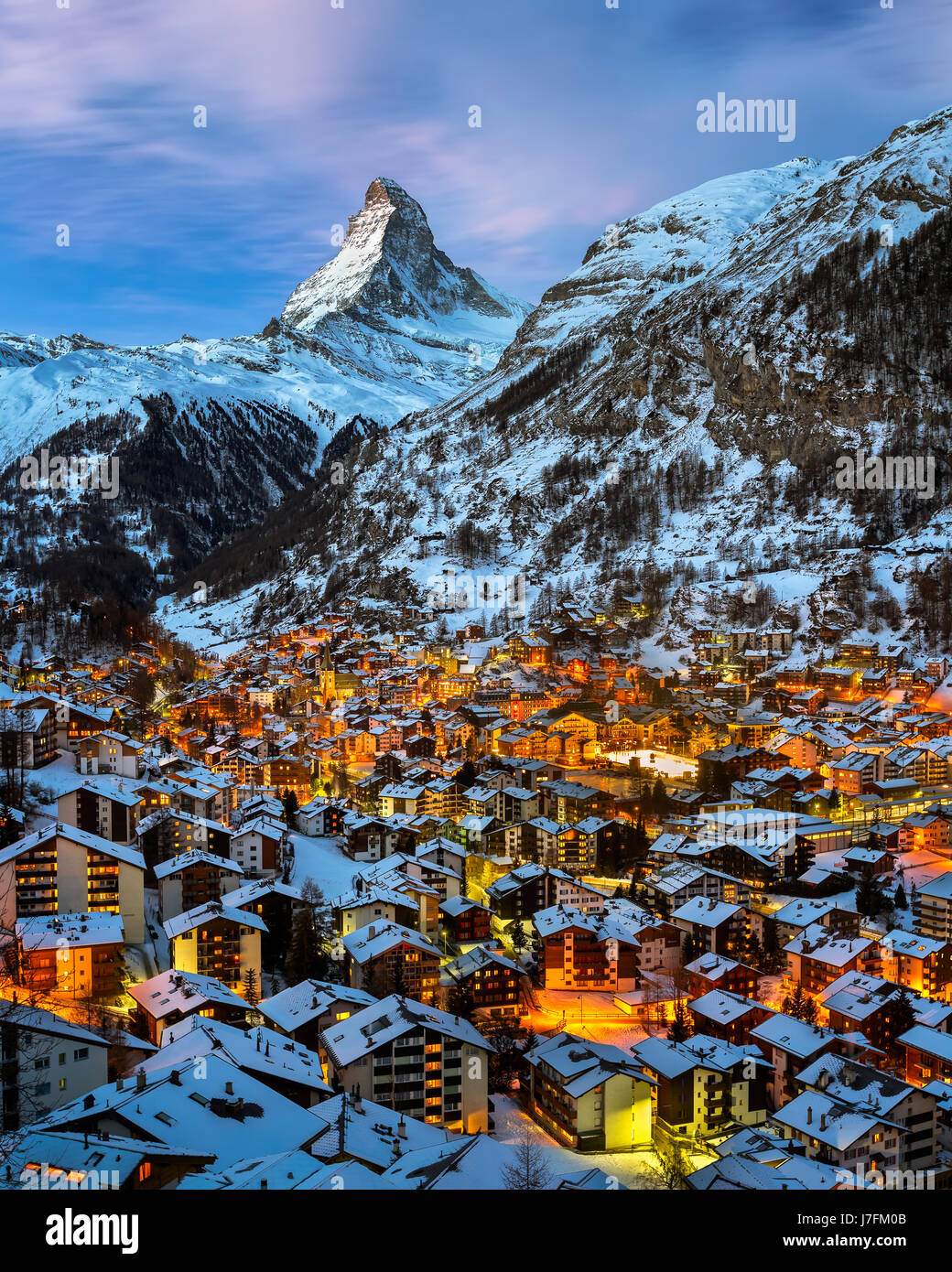 Aerial View on Zermatt Valley and Matterhorn Peak at Dawn, Switzerland