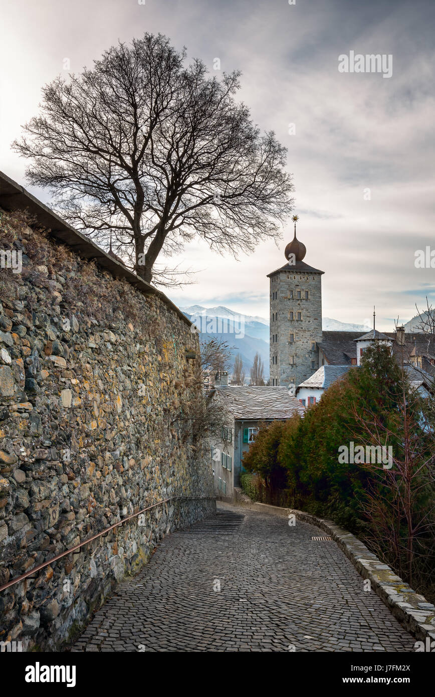 Stockalper Citadel and Defence  Wall in Brig, Switzerland Stock Photo