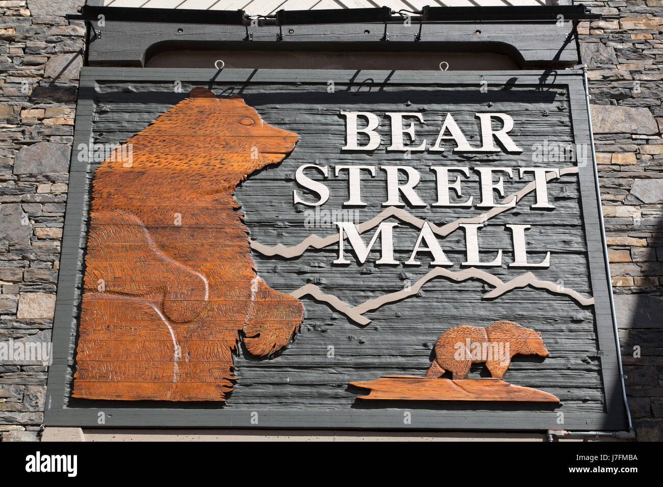 A sign for the Bear Street Mall in Banff, Alberta, Canada. It is one of several shopping centres in the Canadian municipality. Stock Photo