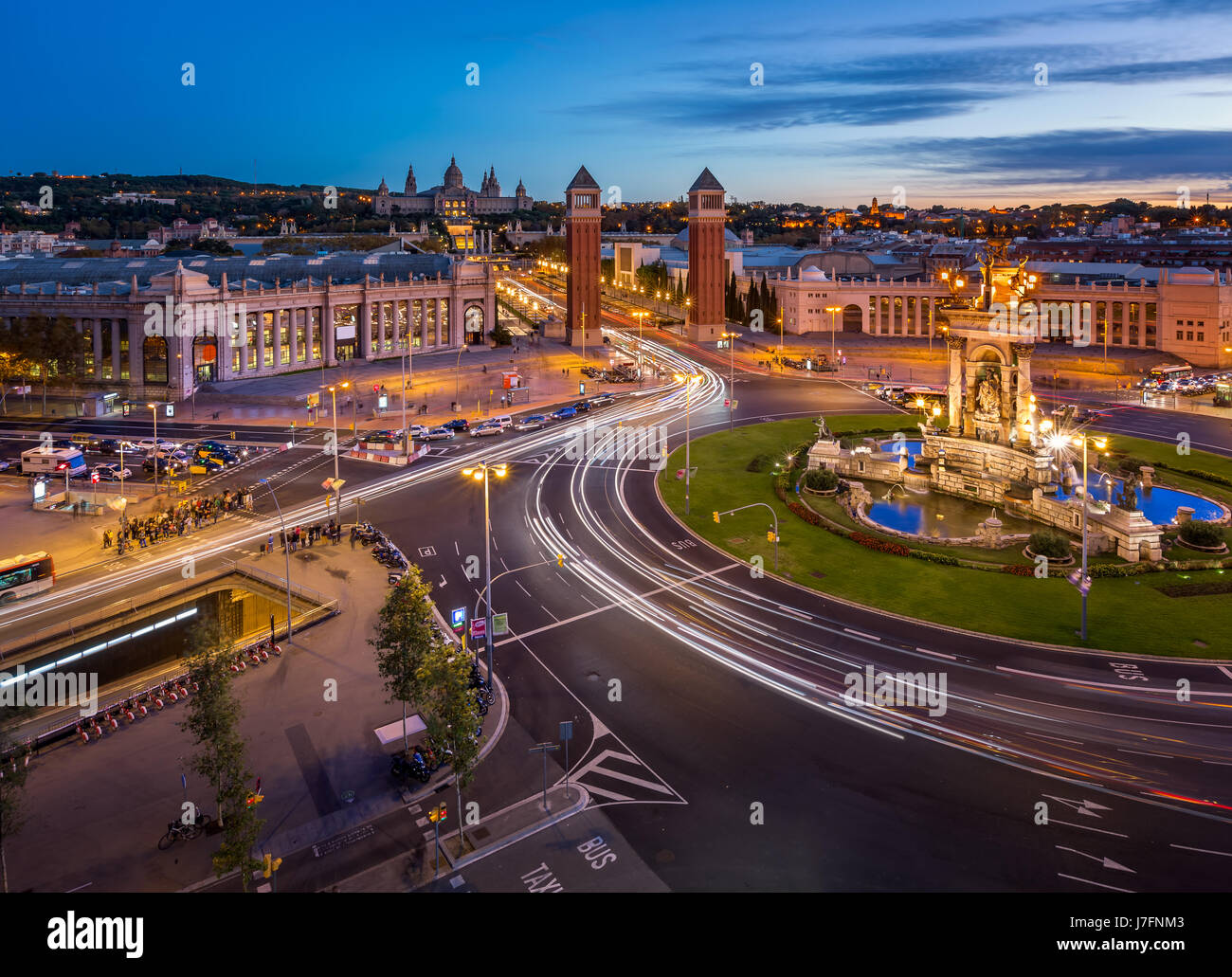 Aerial View on Placa Espanya and Montjuic Hill with National Art Museum of Catalonia, Barcelona, Spain Stock Photo