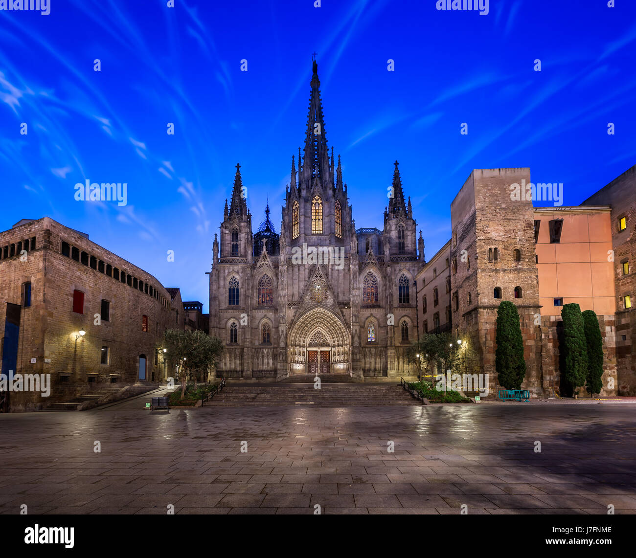 Angels Flying in front of the Cathedral of the Holy Cross and Saint Eulalia, Barcelona, Catalonia, Spain Stock Photo
