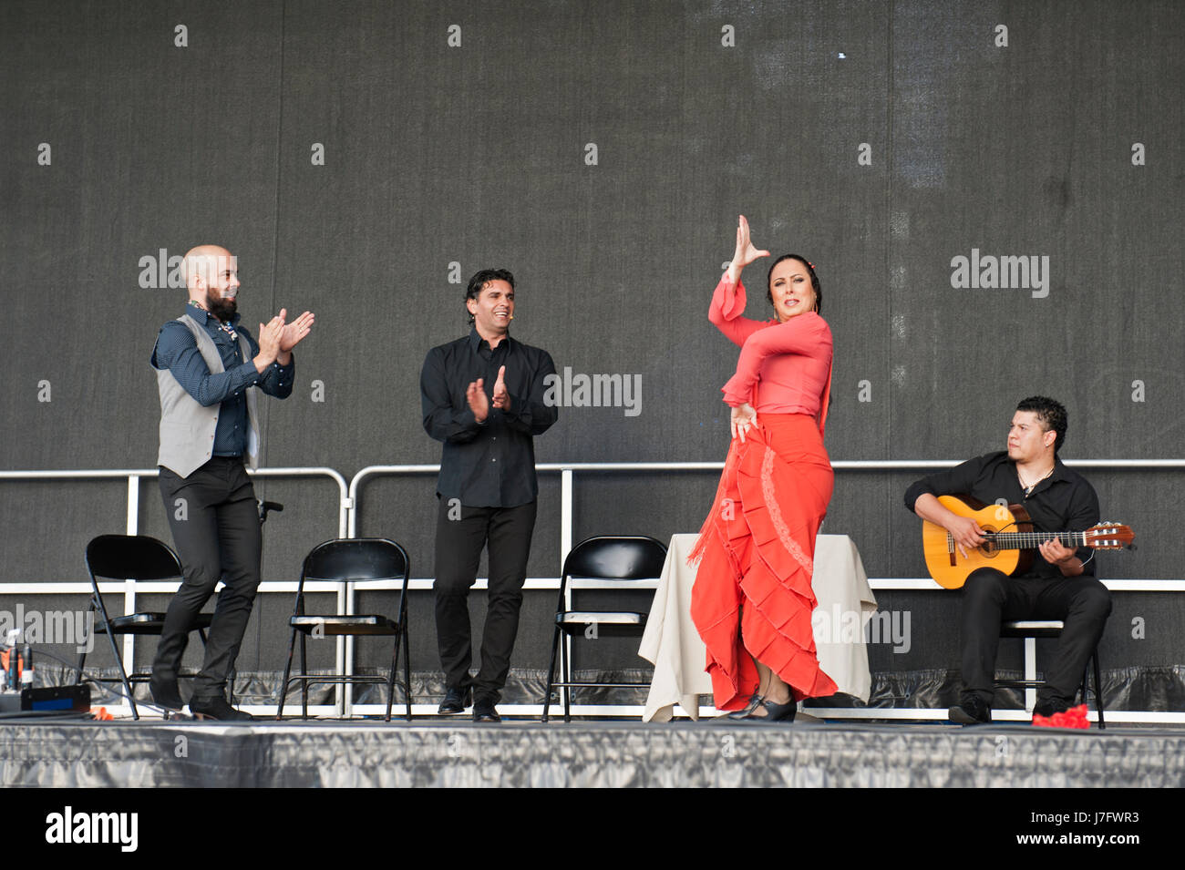 Sonia Olla, flamenco dancer, and Ismael Fernández, singer, performing in Battery Park City with dancer, Nino de los Reyes, for a Flamenco Family Dance Stock Photo