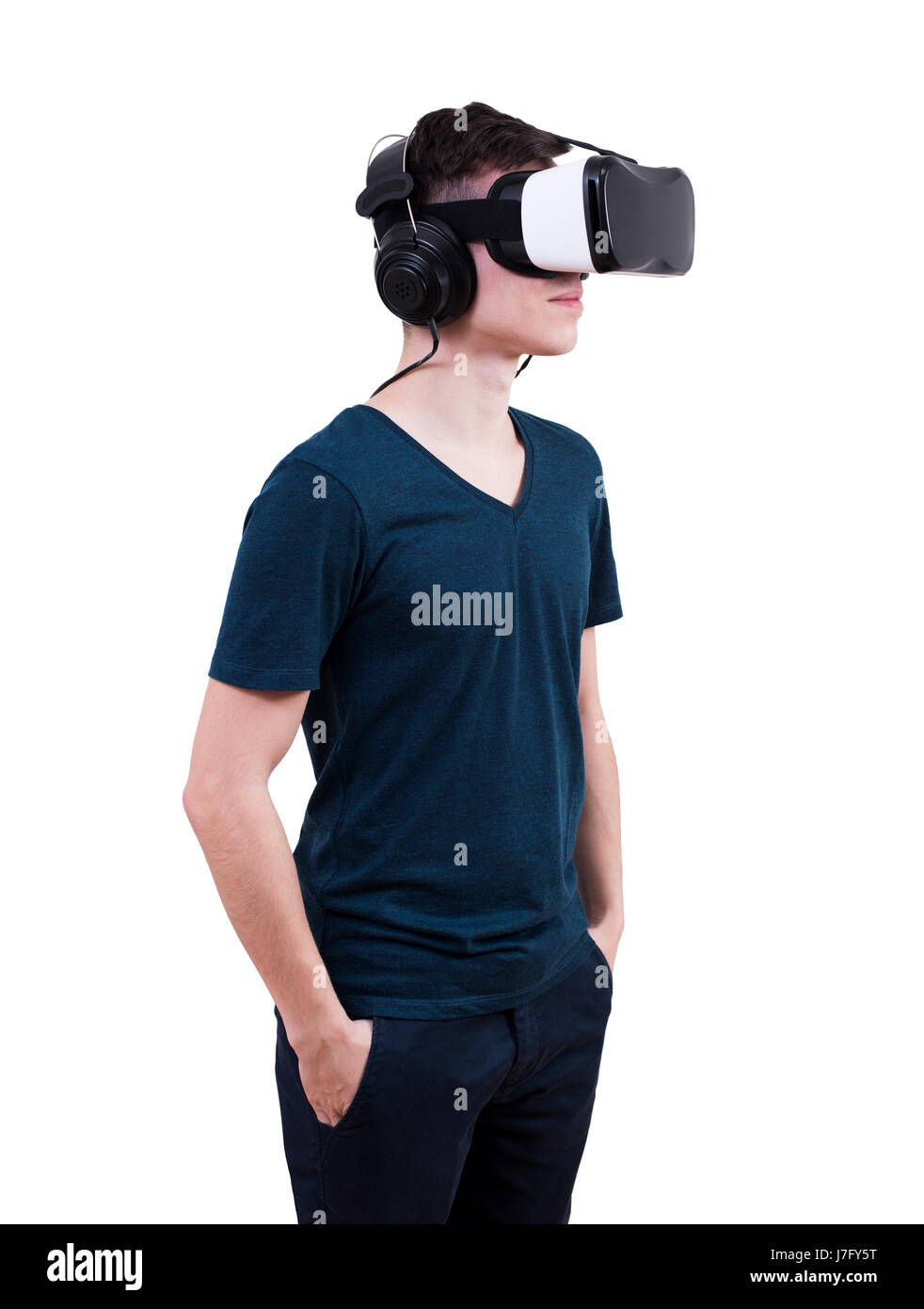 Man with glasses of virtual reality on white isolated background, hands ...