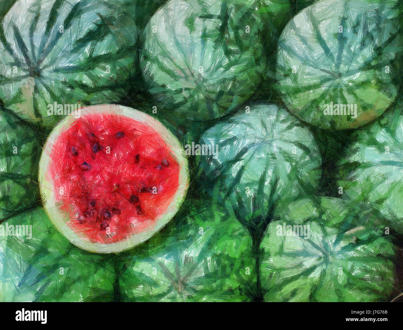green painting progenies fruits fruit melon watermelon red food aliment closeup Stock Photo
