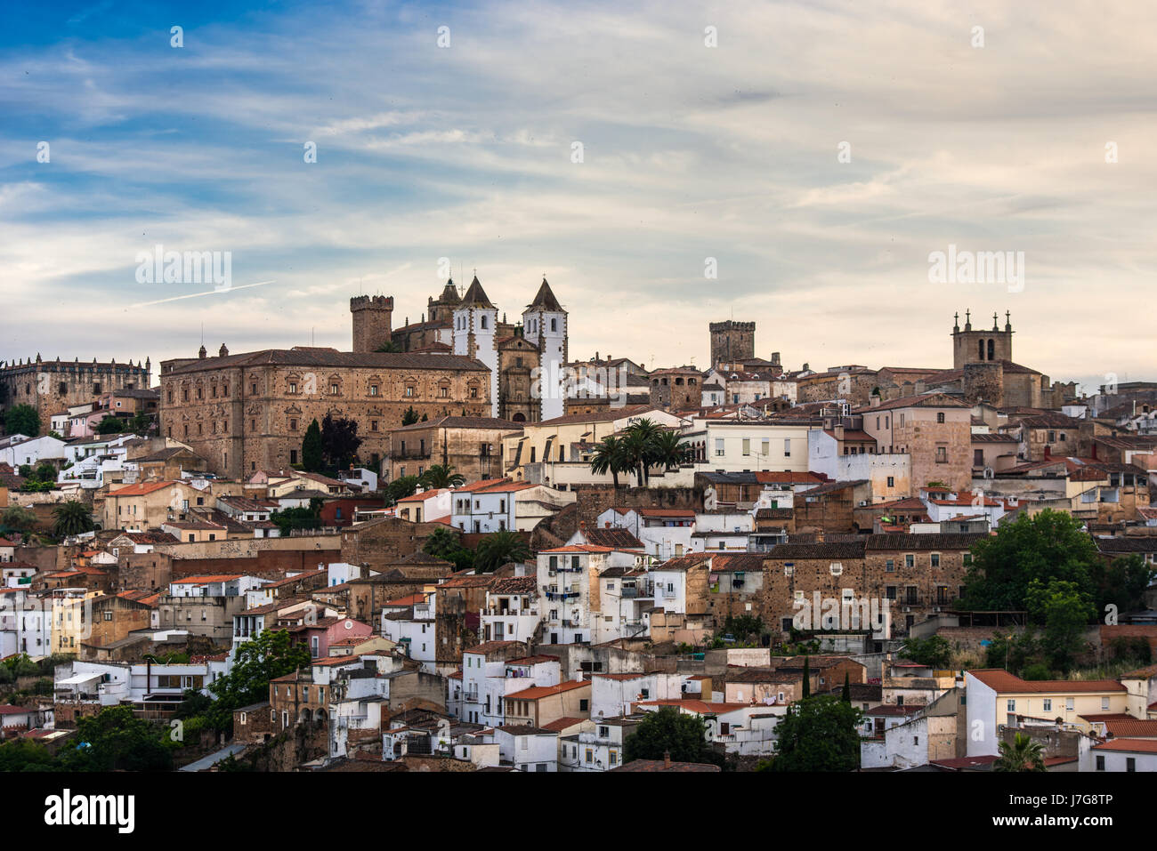 Panorama view of the city of Cáceres, Spain with the buildings of the old quarter up in the hill. Stock Photo