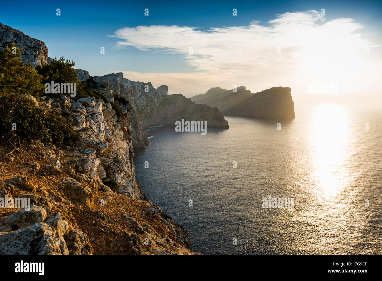 Sunset, Cap Formentor, Port de Pollença, Serra de Tramuntana, Majorca, Balearic Islands, Spain Stock Photo